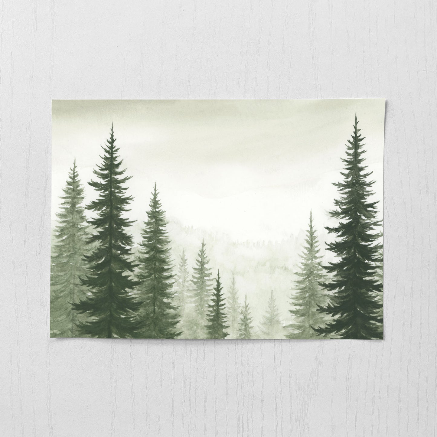 Pine trees in the fog watercolor painting
