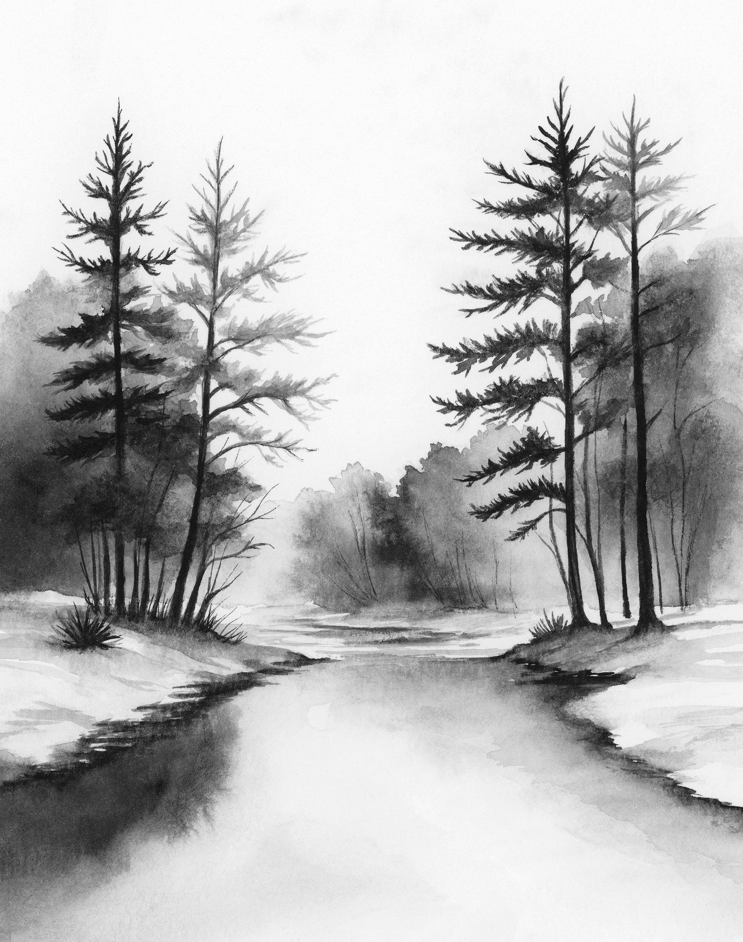 Black and white Foggy Forest Watercolor Print
