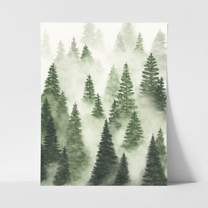 Forest Green Trees Foggy Watercolor Art Print 