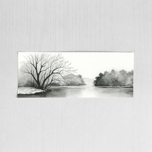Black and white landscape painting of a river with trees on a textured wall.