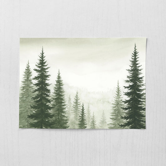 Pine trees in the fog watercolor painting
