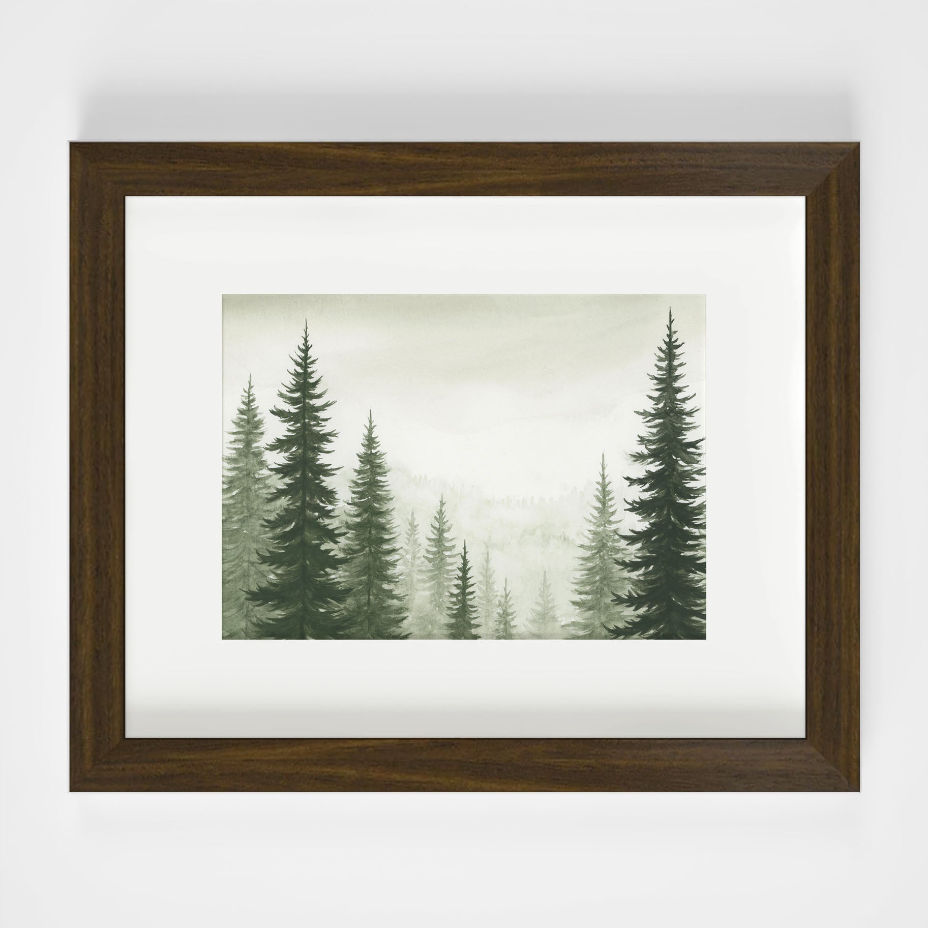 Framed artwork of a forest scene with trees on a white background