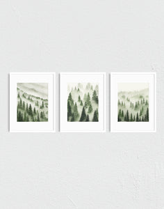 Green Trees Above the Fog I, II, III - Art Prints Set of Three