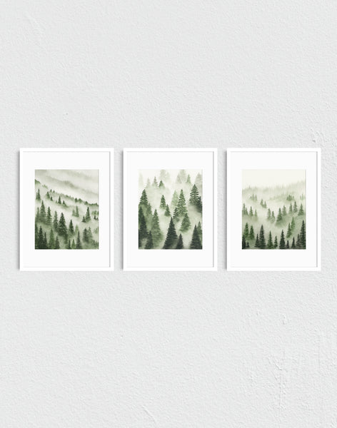 Green Trees Above the Fog I, II, III - Art Prints Set of Three