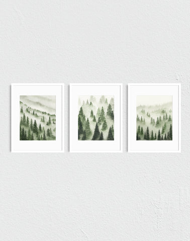 Green Trees Above the Fog I, II, III - Art Prints Set of Three